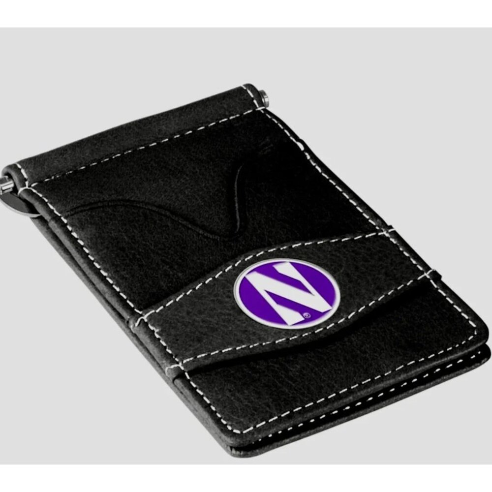 Northwestern Wildcats Leather Money Clip Wallet Black 4 Card Slot ID Window